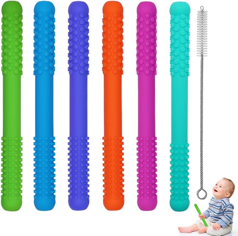 Atsky Hollow Teething Tubes Toys for Babies Girls Boys, 6 Pack Silicone Baby Teether Toy Tube for Infants with Nursing Biting Chewing, Chew Straws for Toddlers 6-12 Months (Style A) - Image 1